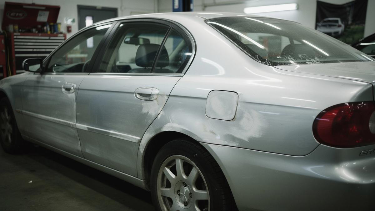Annotated inspection photo of a used sedan rear quarter panel with numbered fault markings