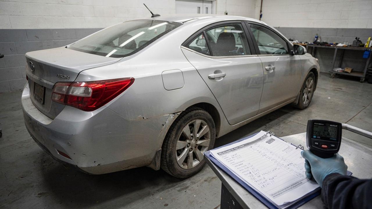 Annotated inspection photograph of a used sedan with three numbered fault markers on the rear quarter